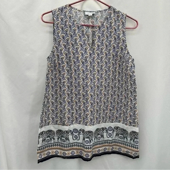 J Jill Womens Linen Tunic Small White Blue Elephants Floral Sleeveless Pockets - Picture 1 of 14